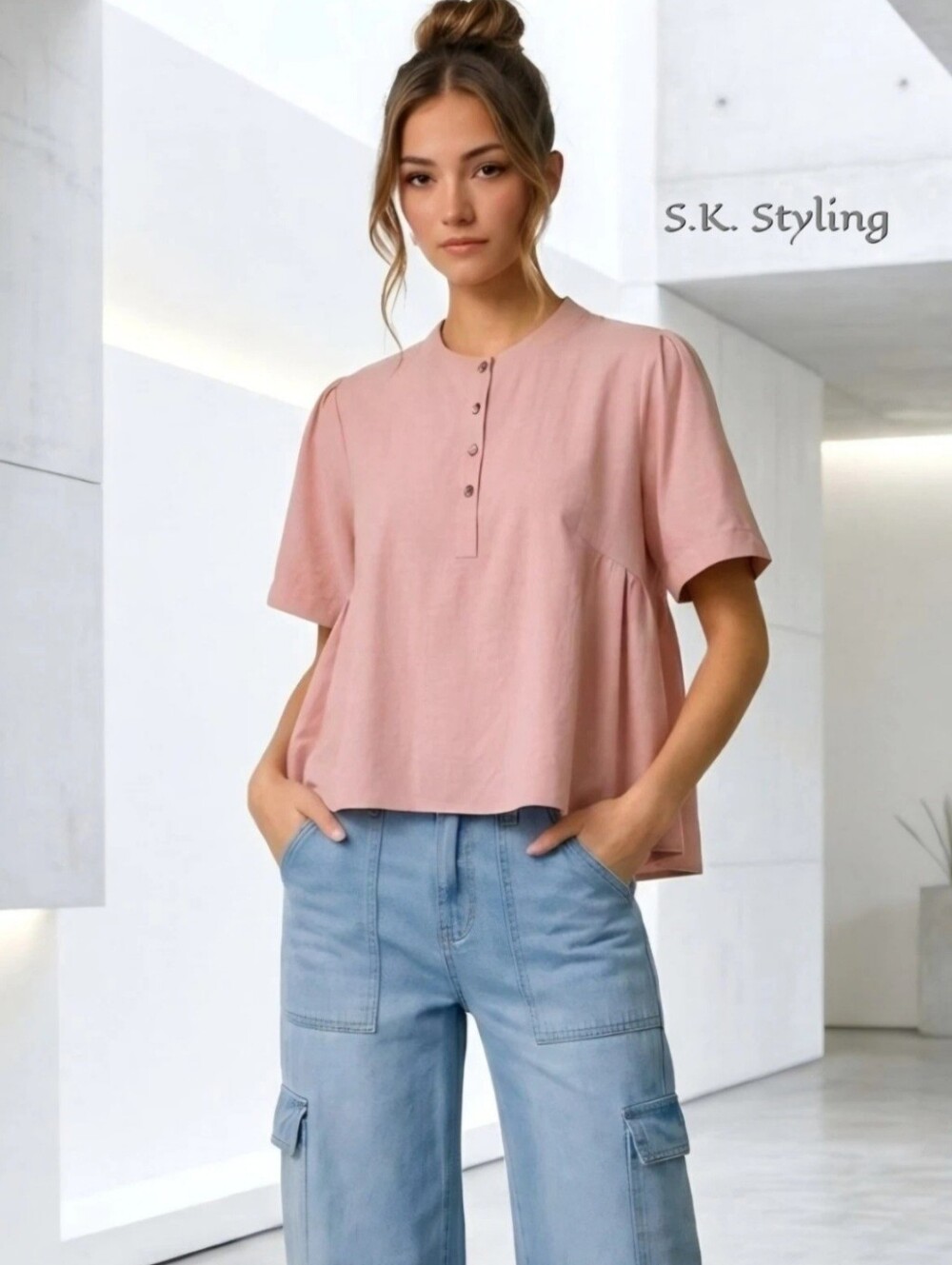 SHAE Baked Pink Kimono Sleeve Top XL Linen Blend Oversized Boxy Gathered Blouse
